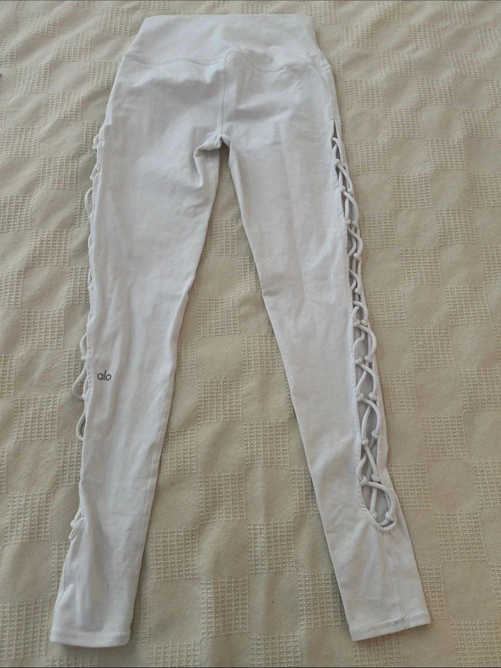ALO Yoga White High-Waist Leggings with Lace-Up Side Panel small